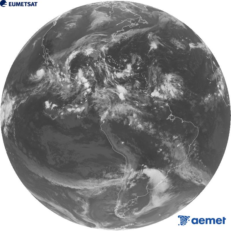 Imatge global del canal infraroig (longitud d'ona 10.3 �m) del sat�l�lit geoestacionari estatunidenc GOES-19. Les hores indicades es refereixen a la pen�nsula (una hora menys a les Illes Can�ries).&nbsp;diumenge, 4 d?octubre  2026 05:00
