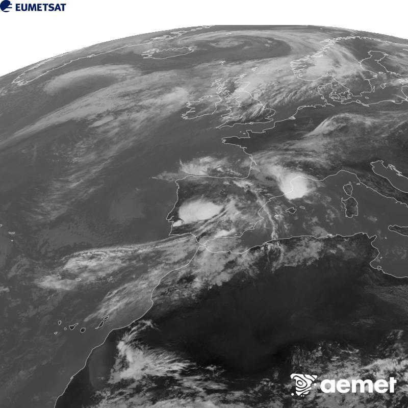 Esta imaxe x�rase utilizando informaci�n da canle Infravermella 10.5 �m do sat�lite METEOSAT-12, pertencente � terceira xeraci�n de sat�lites Meteosat (MTG). Para que a imaxe se asemelle m�is � percepci�n do ollo humano, a escala de grises est� investida. As horas indicadas ref�rense � pen�nsula (unha hora menos nas Illas Canarias).&nbsp;domingo, 4 outubro  2026 14:00