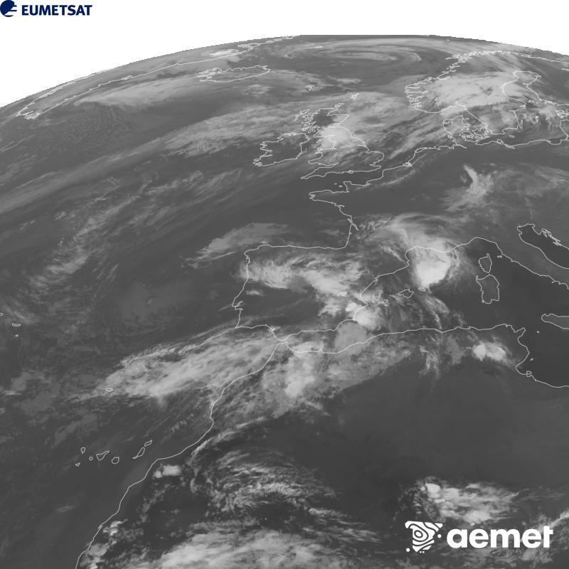 Esta imaxe x�rase utilizando informaci�n da canle Infravermella 10.5 �m do sat�lite METEOSAT-12, pertencente � terceira xeraci�n de sat�lites Meteosat (MTG). Para que a imaxe se asemelle m�is � percepci�n do ollo humano, a escala de grises est� investida. As horas indicadas ref�rense � pen�nsula (unha hora menos nas Illas Canarias).&nbsp;domingo, 4 outubro  2026 21:00