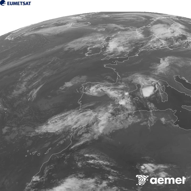 Esta imaxe x�rase utilizando informaci�n da canle Infravermella 10.5 �m do sat�lite METEOSAT-12, pertencente � terceira xeraci�n de sat�lites Meteosat (MTG). Para que a imaxe se asemelle m�is � percepci�n do ollo humano, a escala de grises est� investida. As horas indicadas ref�rense � pen�nsula (unha hora menos nas Illas Canarias).&nbsp;domingo, 4 outubro  2026 23:00
