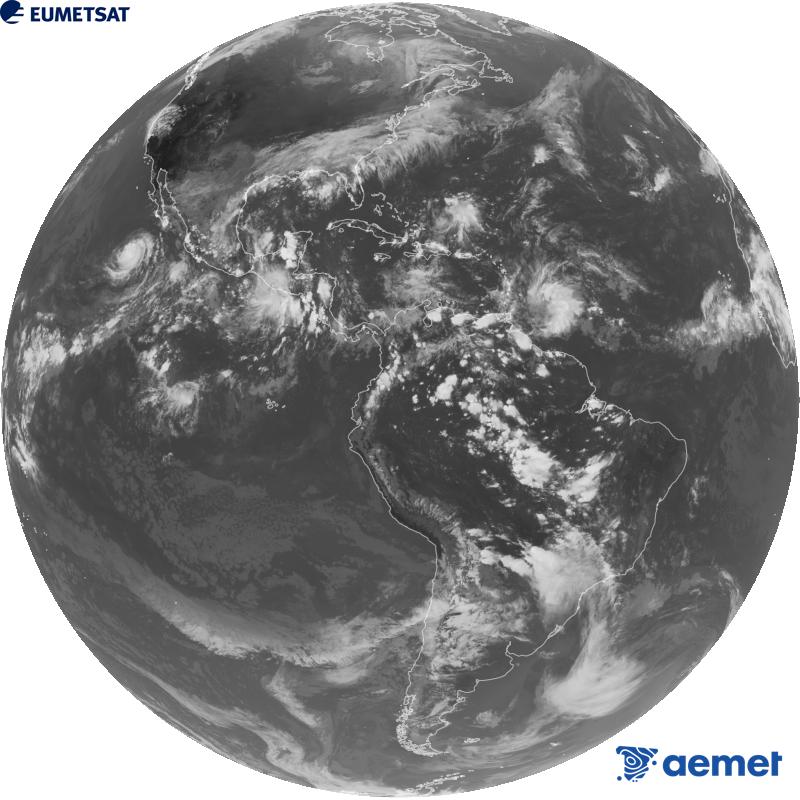 Imagen global del canal infrarrojo (longitud de onda 10.3 �m) del sat�lite geoestacionario estadounidense GOES-19. Las horas indicadas se refieren a la pen�nsula (una hora menos en las Islas Canarias).&nbsp;domingo, 04 octubre 2026 a las 23:00