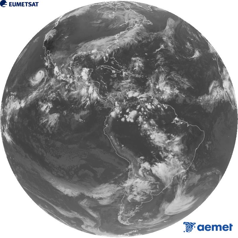 Imagen global del canal infrarrojo (longitud de onda 10.3 �m) del sat�lite geoestacionario estadounidense GOES-19. Las horas indicadas se refieren a la pen�nsula (una hora menos en las Islas Canarias).&nbsp;lunes, 05 octubre 2026 a las 02:00