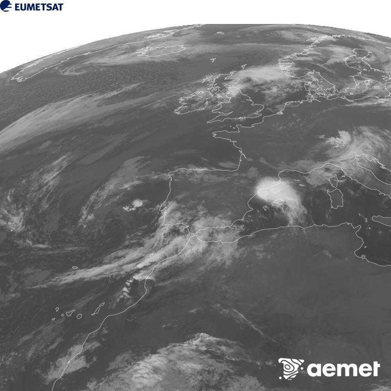 Esta imaxe x�rase utilizando informaci�n da canle Infravermella 10.5 �m do sat�lite METEOSAT-12, pertencente � terceira xeraci�n de sat�lites Meteosat (MTG). Para que a imaxe se asemelle m�is � percepci�n do ollo humano, a escala de grises est� investida. As horas indicadas ref�rense � pen�nsula (unha hora menos nas Illas Canarias).&nbsp;luns, 5 outubro  2026 08:00