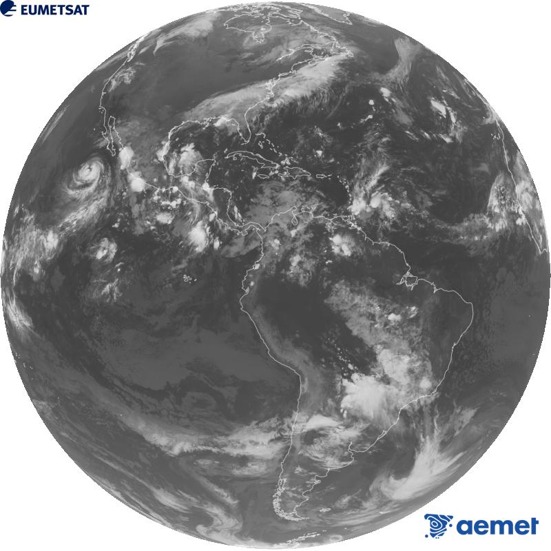 Imagen global del canal infrarrojo (longitud de onda 10.3 �m) del sat�lite geoestacionario estadounidense GOES-19. Las horas indicadas se refieren a la pen�nsula (una hora menos en las Islas Canarias).&nbsp;lunes, 05 octubre 2026 a las 08:00