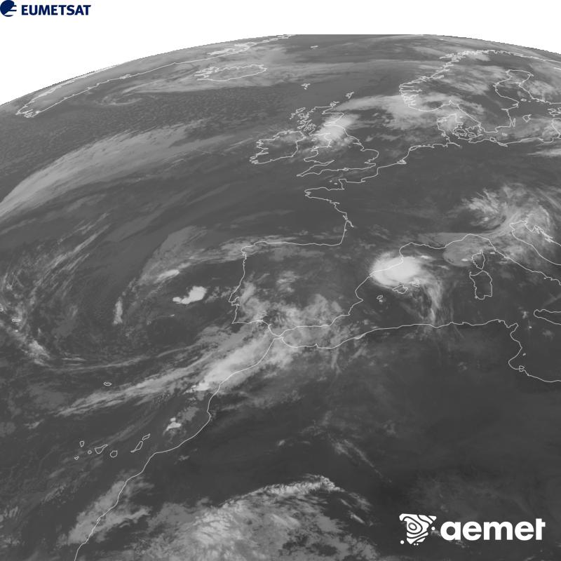 Esta imaxe x�rase utilizando informaci�n da canle Infravermella 10.5 �m do sat�lite METEOSAT-12, pertencente � terceira xeraci�n de sat�lites Meteosat (MTG). Para que a imaxe se asemelle m�is � percepci�n do ollo humano, a escala de grises est� investida. As horas indicadas ref�rense � pen�nsula (unha hora menos nas Illas Canarias).&nbsp;luns, 5 outubro  2026 10:00