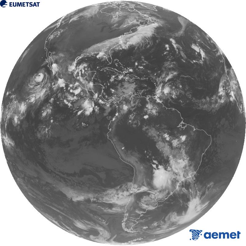 Imagen global del canal infrarrojo (longitud de onda 10.3 �m) del sat�lite geoestacionario estadounidense GOES-19. Las horas indicadas se refieren a la pen�nsula (una hora menos en las Islas Canarias).&nbsp;lunes, 05 octubre 2026 a las 11:00