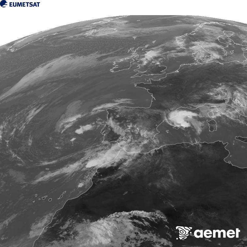 Esta imagen se genera utilizando informaci�n del canal Infrarrojo 10.5 �m del sat�lite METEOSAT-12, perteneciente a la tercera generaci�n de sat�lites Meteosat (MTG). Para que la imagen se asemeje m�s a la percepci�n del ojo humano, la escala de grises est� invertida. Las horas indicadas se refieren a la pen�nsula (una hora menos en las Islas Canarias).&nbsp;lunes, 05 octubre 2026 a las 13:00
