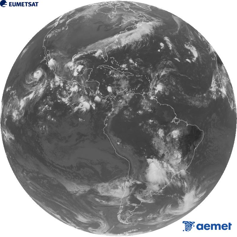 Imagen global del canal infrarrojo (longitud de onda 10.3 �m) del sat�lite geoestacionario estadounidense GOES-19. Las horas indicadas se refieren a la pen�nsula (una hora menos en las Islas Canarias).&nbsp;lunes, 05 octubre 2026 a las 14:00