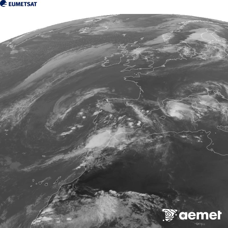 Esta imaxe x�rase utilizando informaci�n da canle Infravermella 10.5 �m do sat�lite METEOSAT-12, pertencente � terceira xeraci�n de sat�lites Meteosat (MTG). Para que a imaxe se asemelle m�is � percepci�n do ollo humano, a escala de grises est� investida. As horas indicadas ref�rense � pen�nsula (unha hora menos nas Illas Canarias).&nbsp;luns, 5 outubro  2026 18:00