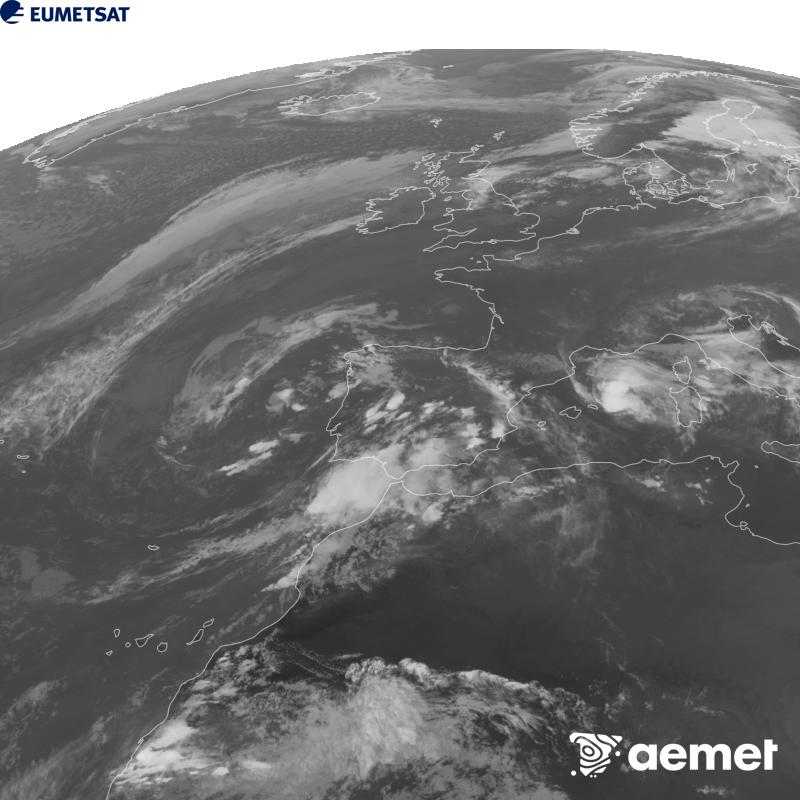 Esta imaxe x�rase utilizando informaci�n da canle Infravermella 10.5 �m do sat�lite METEOSAT-12, pertencente � terceira xeraci�n de sat�lites Meteosat (MTG). Para que a imaxe se asemelle m�is � percepci�n do ollo humano, a escala de grises est� investida. As horas indicadas ref�rense � pen�nsula (unha hora menos nas Illas Canarias).&nbsp;luns, 5 outubro  2026 19:00