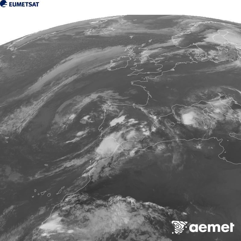 Esta imaxe x�rase utilizando informaci�n da canle Infravermella 10.5 �m do sat�lite METEOSAT-12, pertencente � terceira xeraci�n de sat�lites Meteosat (MTG). Para que a imaxe se asemelle m�is � percepci�n do ollo humano, a escala de grises est� investida. As horas indicadas ref�rense � pen�nsula (unha hora menos nas Illas Canarias).&nbsp;luns, 5 outubro  2026 20:00