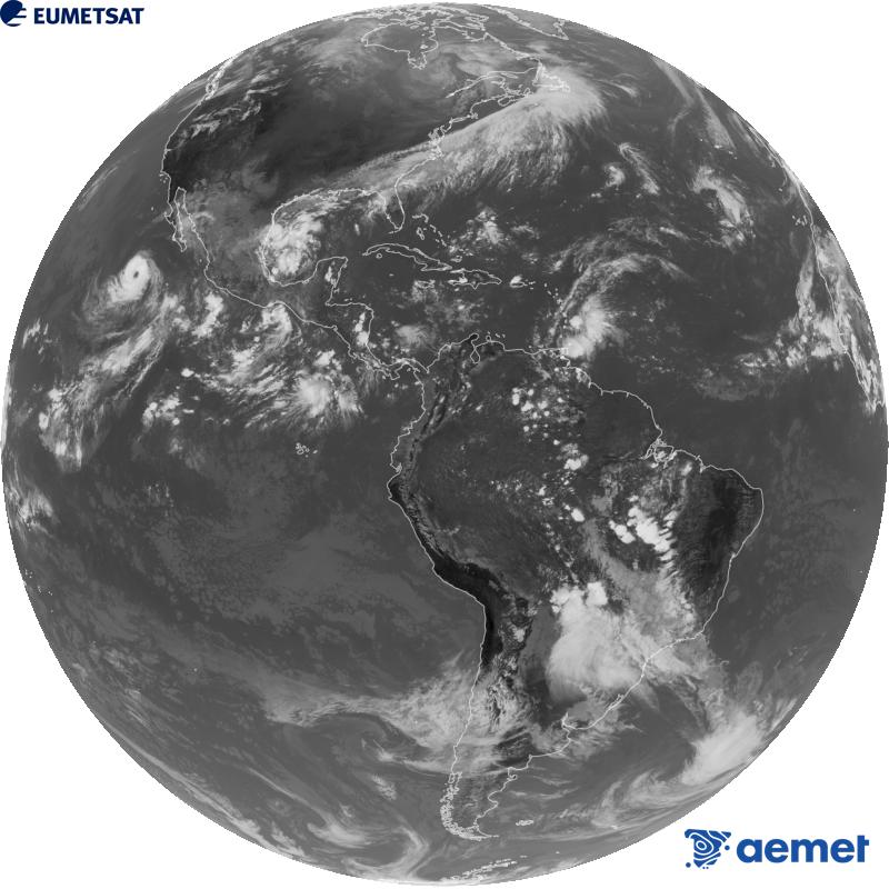 Imatge global del canal infraroig (longitud d'ona 10.3 �m) del sat�l�lit geoestacionari estatunidenc GOES-19. Les hores indicades es refereixen a la pen�nsula (una hora menys a les Illes Can�ries).&nbsp;dilluns, 5 d?octubre  2026 20:00