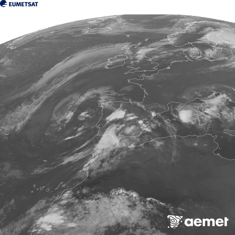 Esta imaxe x�rase utilizando informaci�n da canle Infravermella 10.5 �m do sat�lite METEOSAT-12, pertencente � terceira xeraci�n de sat�lites Meteosat (MTG). Para que a imaxe se asemelle m�is � percepci�n do ollo humano, a escala de grises est� investida. As horas indicadas ref�rense � pen�nsula (unha hora menos nas Illas Canarias).&nbsp;luns, 5 outubro  2026 21:00