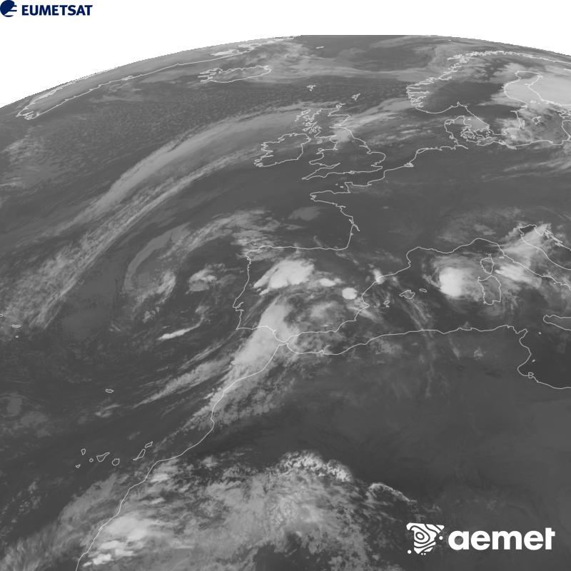 Esta imaxe x�rase utilizando informaci�n da canle Infravermella 10.5 �m do sat�lite METEOSAT-12, pertencente � terceira xeraci�n de sat�lites Meteosat (MTG). Para que a imaxe se asemelle m�is � percepci�n do ollo humano, a escala de grises est� investida. As horas indicadas ref�rense � pen�nsula (unha hora menos nas Illas Canarias).&nbsp;luns, 5 outubro  2026 22:00