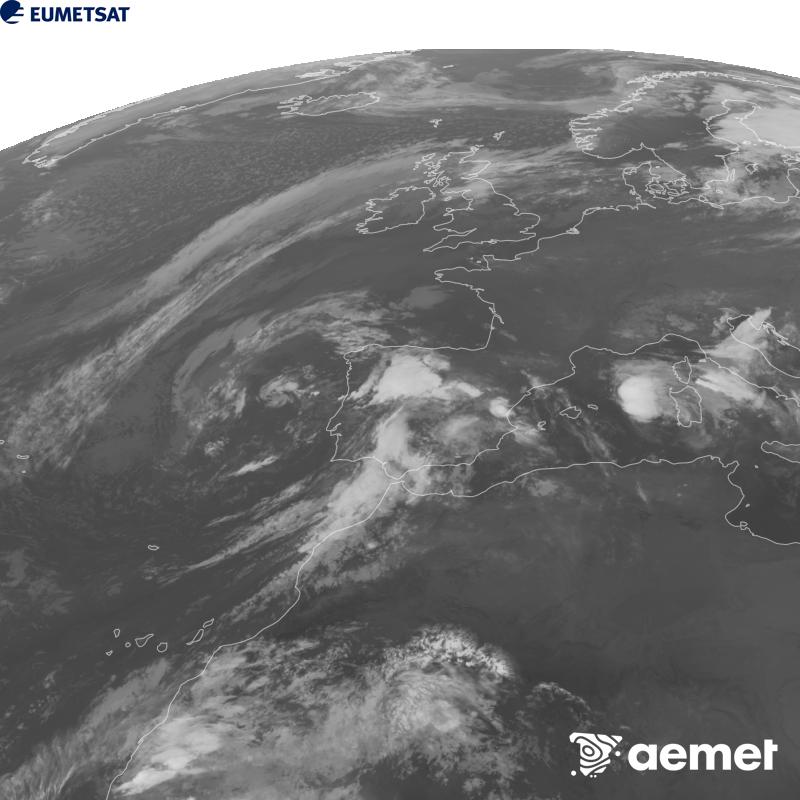 Esta imaxe x�rase utilizando informaci�n da canle Infravermella 10.5 �m do sat�lite METEOSAT-12, pertencente � terceira xeraci�n de sat�lites Meteosat (MTG). Para que a imaxe se asemelle m�is � percepci�n do ollo humano, a escala de grises est� investida. As horas indicadas ref�rense � pen�nsula (unha hora menos nas Illas Canarias).&nbsp;luns, 5 outubro  2026 23:00