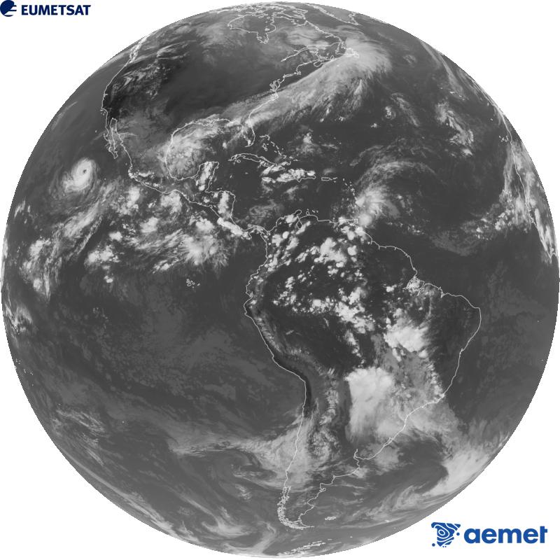 Imatge global del canal infraroig (longitud d'ona 10.3 �m) del sat�l�lit geoestacionari estatunidenc GOES-19. Les hores indicades es refereixen a la pen�nsula (una hora menys a les Illes Can�ries).&nbsp;dilluns, 5 d?octubre  2026 23:00