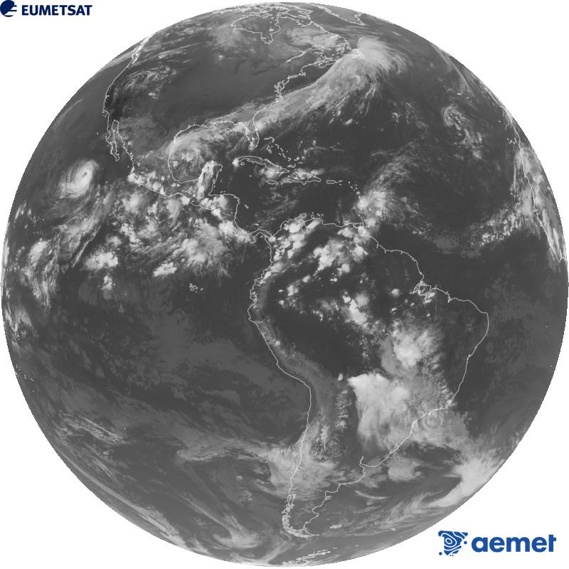 Imatge global del canal infraroig (longitud d'ona 10.3 �m) del sat�l�lit geoestacionari estatunidenc GOES-19. Les hores indicades es refereixen a la pen�nsula (una hora menys a les Illes Can�ries).&nbsp;dimarts, 6 d?octubre  2026 02:00