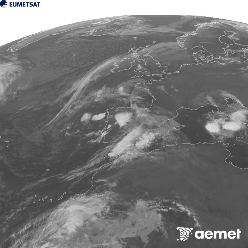 Esta imaxe x�rase utilizando informaci�n da canle Infravermella 10.5 �m do sat�lite METEOSAT-12, pertencente � terceira xeraci�n de sat�lites Meteosat (MTG). Para que a imaxe se asemelle m�is � percepci�n do ollo humano, a escala de grises est� investida. As horas indicadas ref�rense � pen�nsula (unha hora menos nas Illas Canarias).&nbsp;martes, 6 outubro  2026 08:00