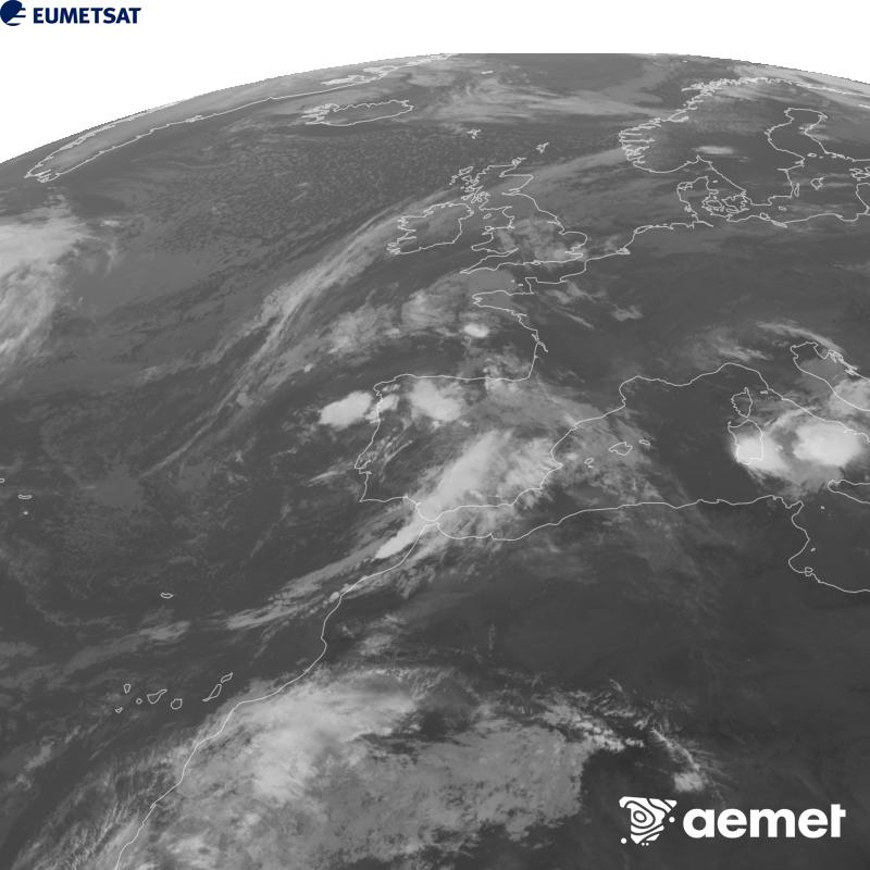 This image has been generated using data from the 10.5 �m infrared channel of the METEOSAT-12 satellite, which belongs to the third generation of Meteosat satellites (MTG). To make the image more closely resemble what the human eye sees, the greyscale has been inverted. The times shown refer to mainland Spain (one hour earlier in the Canary Islands).&nbsp;Tuesday, 6 October  2026 10:00