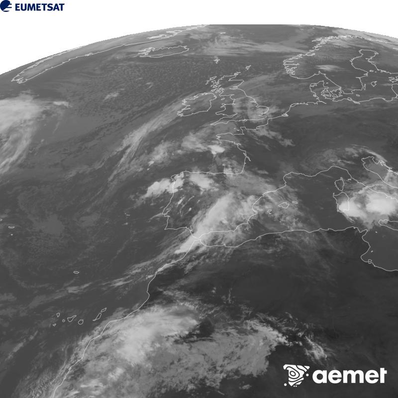 This image has been generated using data from the 10.5 �m infrared channel of the METEOSAT-12 satellite, which belongs to the third generation of Meteosat satellites (MTG). To make the image more closely resemble what the human eye sees, the greyscale has been inverted. The times shown refer to mainland Spain (one hour earlier in the Canary Islands).&nbsp;Tuesday, 6 October  2026 11:00