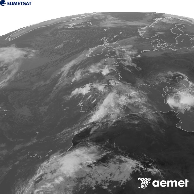 This image has been generated using data from the 10.5 �m infrared channel of the METEOSAT-12 satellite, which belongs to the third generation of Meteosat satellites (MTG). To make the image more closely resemble what the human eye sees, the greyscale has been inverted. The times shown refer to mainland Spain (one hour earlier in the Canary Islands).&nbsp;Tuesday, 6 October  2026 12:00