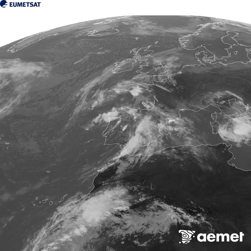 This image has been generated using data from the 10.5 �m infrared channel of the METEOSAT-12 satellite, which belongs to the third generation of Meteosat satellites (MTG). To make the image more closely resemble what the human eye sees, the greyscale has been inverted. The times shown refer to mainland Spain (one hour earlier in the Canary Islands).&nbsp;Tuesday, 6 October  2026 13:00