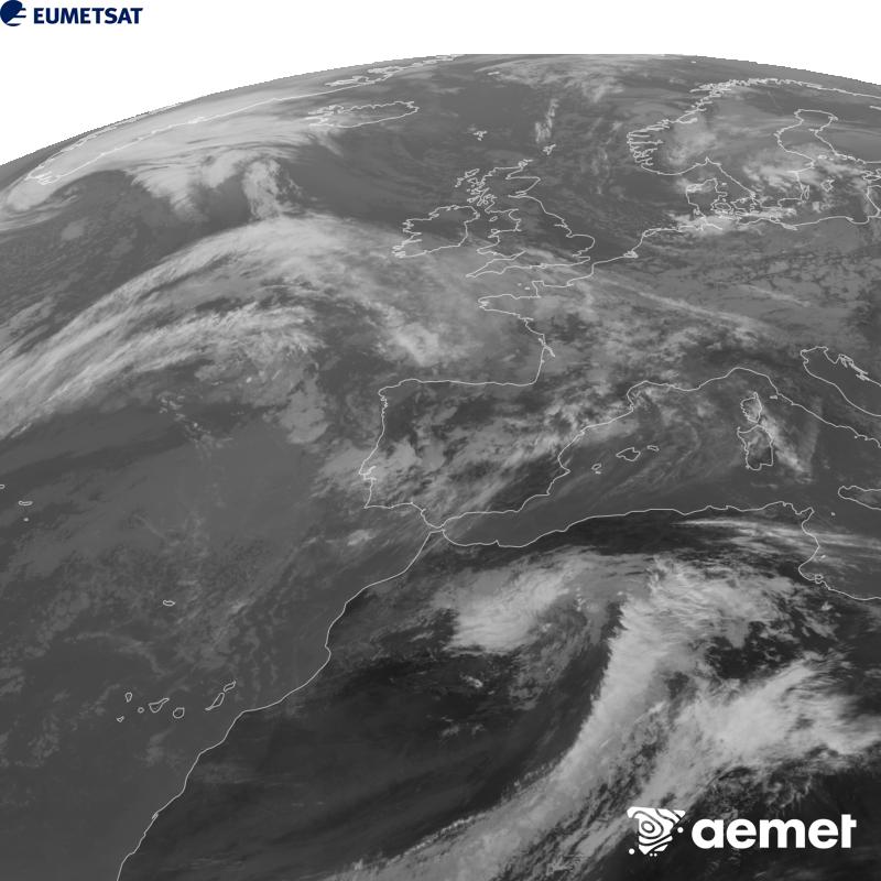 Esta imagen se genera utilizando informaci�n del canal Infrarrojo 10.5 �m del sat�lite METEOSAT-12, perteneciente a la tercera generaci�n de sat�lites Meteosat (MTG). Para que la imagen se asemeje m�s a la percepci�n del ojo humano, la escala de grises est� invertida. Las horas indicadas se refieren a la pen�nsula (una hora menos en las Islas Canarias).&nbsp;domingo, 11 octubre 2026 a las 13:00