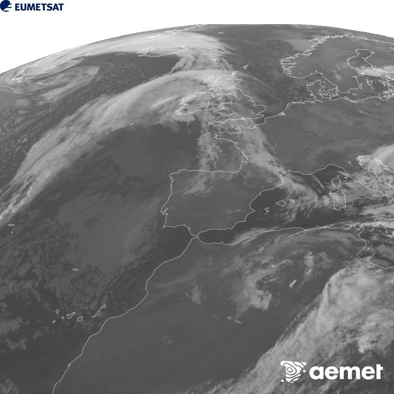 Esta imatge es genera utilitzant informaci� del canal Infraroig 10.5 �m del sat�l�lit METEOSAT-12, pertanyent a la tercera generaci� de sat�l�lits Meteosat (MTG). Perqu� la imatge s'assemble m�s a la percepci� de l'ull hum�, l'escala de grises est� invertida. Les hores indicades es referixen a la pen�nsula (una hora menys a les Illes Can�ries).&nbsp;dilluns, 12 d?octubre  2026 08:00