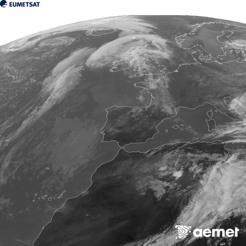 Esta imatge es genera utilitzant informaci� del canal Infraroig 10.5 �m del sat�l�lit METEOSAT-12, pertanyent a la tercera generaci� de sat�l�lits Meteosat (MTG). Perqu� la imatge s'assemble m�s a la percepci� de l'ull hum�, l'escala de grises est� invertida. Les hores indicades es referixen a la pen�nsula (una hora menys a les Illes Can�ries).&nbsp;dilluns, 12 d?octubre  2026 13:00