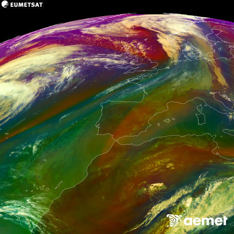 RGB irudi hori METEOSAT-12 satelitearen kanal infragorrien eta ur-lurrunaren informazioa erabiliz sortzen da, Meteosat (MTG) sateliteen hirugarren belaunaldikoa. Aire-masen ezaugarrien ideia bat ematen digu. Ordu horiek penintsulari dagozkio (ordubete gutxiago Kanariar Uharteetan).&nbsp;asteartea, 2026ko urriak 13, ordua: 16:00