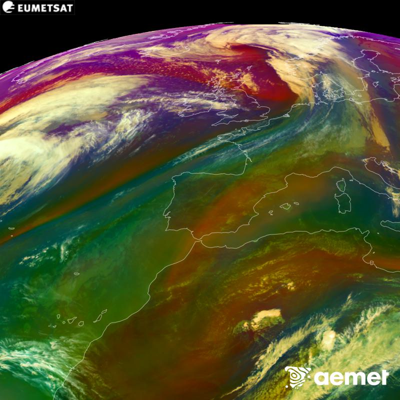 RGB irudi hori METEOSAT-12 satelitearen kanal infragorrien eta ur-lurrunaren informazioa erabiliz sortzen da, Meteosat (MTG) sateliteen hirugarren belaunaldikoa. Aire-masen ezaugarrien ideia bat ematen digu. Ordu horiek penintsulari dagozkio (ordubete gutxiago Kanariar Uharteetan).&nbsp;asteartea, 2026ko urriak 13, ordua: 17:00