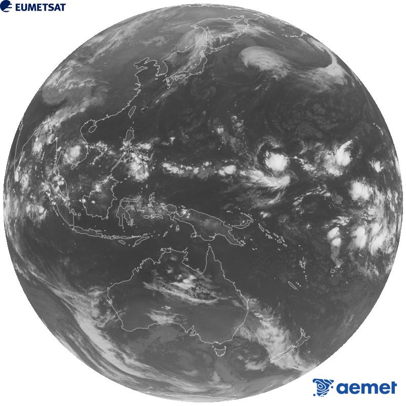 Image globale du canal infrarouge (longueur d'onde 10,4 �m) du satellite g�ostationnaire japonais Himawari-9. Les heures indiqu�es se rapportent � la p�ninsule (une heure de moins aux �les Canaries).&nbsp;mardi, 13 octobre  2026 17:00