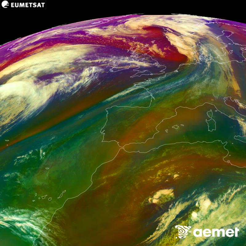 RGB irudi hori METEOSAT-12 satelitearen kanal infragorrien eta ur-lurrunaren informazioa erabiliz sortzen da, Meteosat (MTG) sateliteen hirugarren belaunaldikoa. Aire-masen ezaugarrien ideia bat ematen digu. Ordu horiek penintsulari dagozkio (ordubete gutxiago Kanariar Uharteetan).&nbsp;asteartea, 2026ko urriak 13, ordua: 18:00
