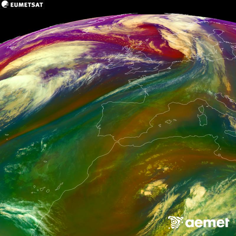 RGB irudi hori METEOSAT-12 satelitearen kanal infragorrien eta ur-lurrunaren informazioa erabiliz sortzen da, Meteosat (MTG) sateliteen hirugarren belaunaldikoa. Aire-masen ezaugarrien ideia bat ematen digu. Ordu horiek penintsulari dagozkio (ordubete gutxiago Kanariar Uharteetan).&nbsp;asteartea, 2026ko urriak 13, ordua: 19:00