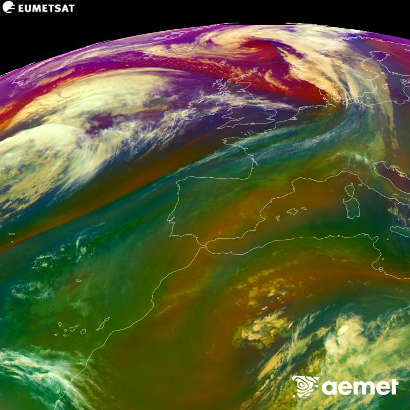 RGB irudi hori METEOSAT-12 satelitearen kanal infragorrien eta ur-lurrunaren informazioa erabiliz sortzen da, Meteosat (MTG) sateliteen hirugarren belaunaldikoa. Aire-masen ezaugarrien ideia bat ematen digu. Ordu horiek penintsulari dagozkio (ordubete gutxiago Kanariar Uharteetan).&nbsp;asteartea, 2026ko urriak 13, ordua: 20:00