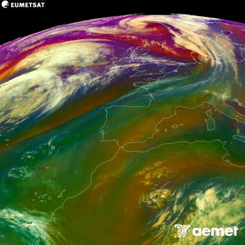 RGB irudi hori METEOSAT-12 satelitearen kanal infragorrien eta ur-lurrunaren informazioa erabiliz sortzen da, Meteosat (MTG) sateliteen hirugarren belaunaldikoa. Aire-masen ezaugarrien ideia bat ematen digu. Ordu horiek penintsulari dagozkio (ordubete gutxiago Kanariar Uharteetan).&nbsp;asteartea, 2026ko urriak 13, ordua: 21:00