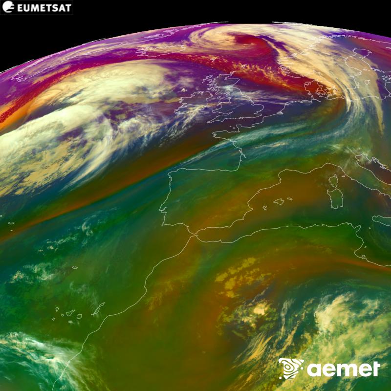 RGB irudi hori METEOSAT-12 satelitearen kanal infragorrien eta ur-lurrunaren informazioa erabiliz sortzen da, Meteosat (MTG) sateliteen hirugarren belaunaldikoa. Aire-masen ezaugarrien ideia bat ematen digu. Ordu horiek penintsulari dagozkio (ordubete gutxiago Kanariar Uharteetan).&nbsp;asteartea, 2026ko urriak 13, ordua: 22:00