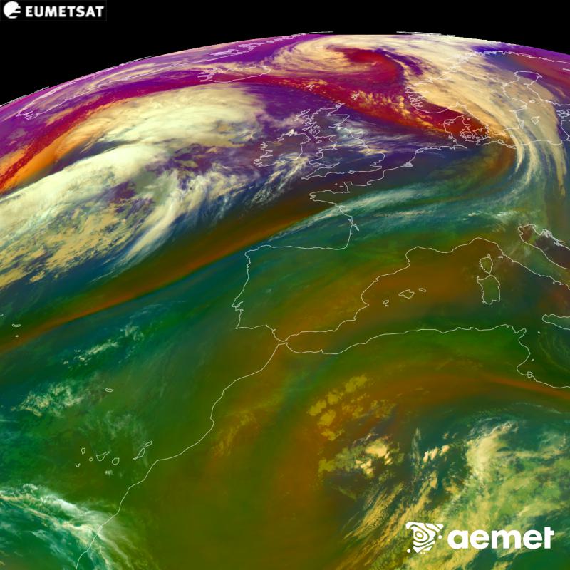 RGB irudi hori METEOSAT-12 satelitearen kanal infragorrien eta ur-lurrunaren informazioa erabiliz sortzen da, Meteosat (MTG) sateliteen hirugarren belaunaldikoa. Aire-masen ezaugarrien ideia bat ematen digu. Ordu horiek penintsulari dagozkio (ordubete gutxiago Kanariar Uharteetan).&nbsp;asteartea, 2026ko urriak 13, ordua: 23:00