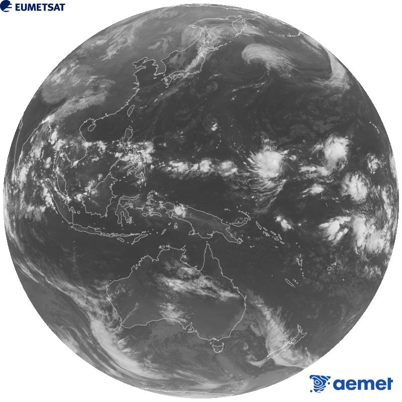 Image globale du canal infrarouge (longueur d'onde 10,4 �m) du satellite g�ostationnaire japonais Himawari-9. Les heures indiqu�es se rapportent � la p�ninsule (une heure de moins aux �les Canaries).&nbsp;mardi, 13 octobre  2026 23:00