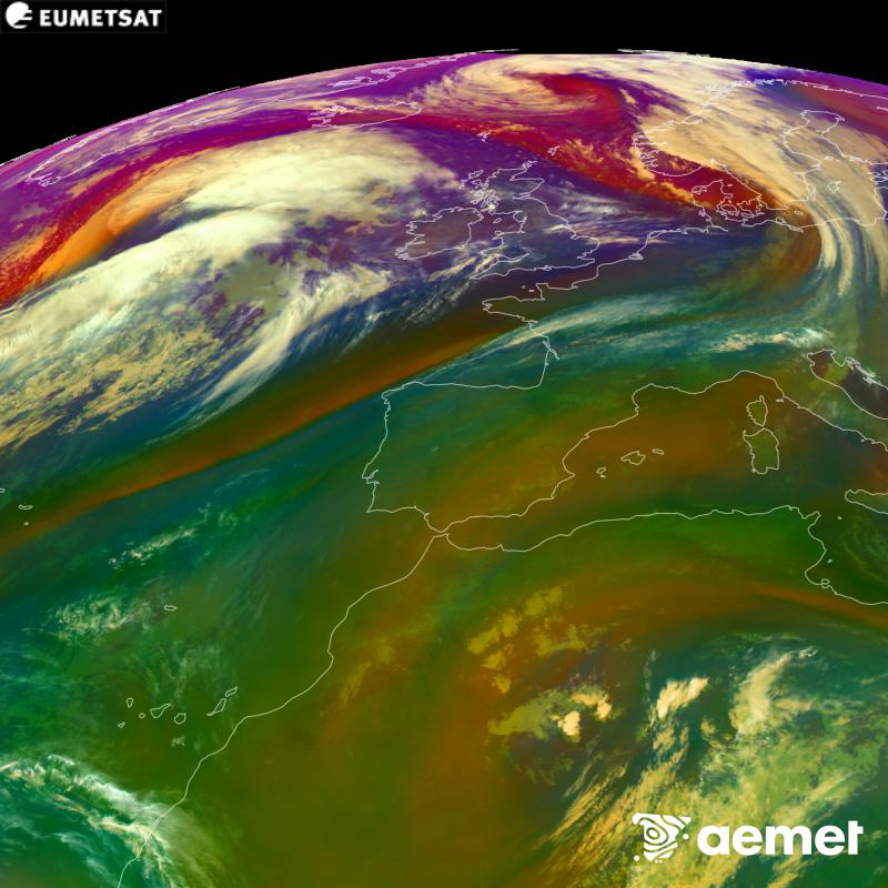 RGB irudi hori METEOSAT-12 satelitearen kanal infragorrien eta ur-lurrunaren informazioa erabiliz sortzen da, Meteosat (MTG) sateliteen hirugarren belaunaldikoa. Aire-masen ezaugarrien ideia bat ematen digu. Ordu horiek penintsulari dagozkio (ordubete gutxiago Kanariar Uharteetan).&nbsp;asteazkena, 2026ko urriak 14, ordua: 00:00