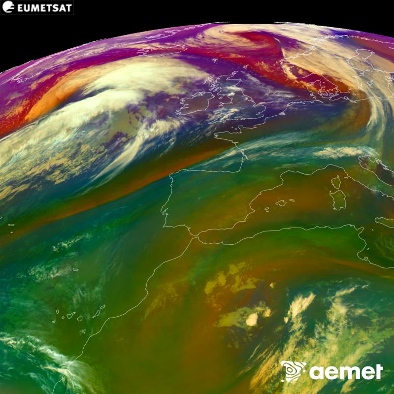 RGB irudi hori METEOSAT-12 satelitearen kanal infragorrien eta ur-lurrunaren informazioa erabiliz sortzen da, Meteosat (MTG) sateliteen hirugarren belaunaldikoa. Aire-masen ezaugarrien ideia bat ematen digu. Ordu horiek penintsulari dagozkio (ordubete gutxiago Kanariar Uharteetan).&nbsp;asteazkena, 2026ko urriak 14, ordua: 01:00