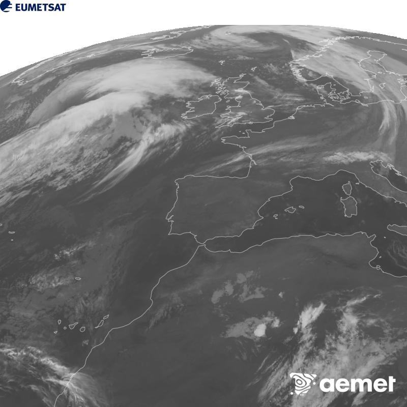 Esta imatge es genera utilitzant informaci� del canal Infraroig 10.5 �m del sat�l�lit METEOSAT-12, pertanyent a la tercera generaci� de sat�l�lits Meteosat (MTG). Perqu� la imatge s'assemble m�s a la percepci� de l'ull hum�, l'escala de grises est� invertida. Les hores indicades es referixen a la pen�nsula (una hora menys a les Illes Can�ries).&nbsp;dimecres, 14 d?octubre  2026 01:00