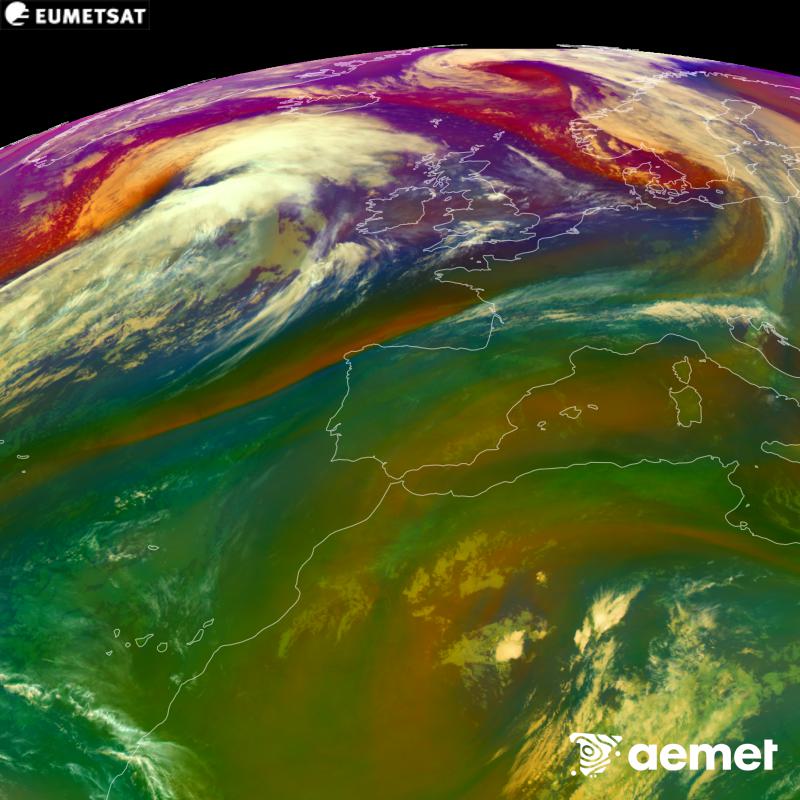 RGB irudi hori METEOSAT-12 satelitearen kanal infragorrien eta ur-lurrunaren informazioa erabiliz sortzen da, Meteosat (MTG) sateliteen hirugarren belaunaldikoa. Aire-masen ezaugarrien ideia bat ematen digu. Ordu horiek penintsulari dagozkio (ordubete gutxiago Kanariar Uharteetan).&nbsp;asteazkena, 2026ko urriak 14, ordua: 02:00
