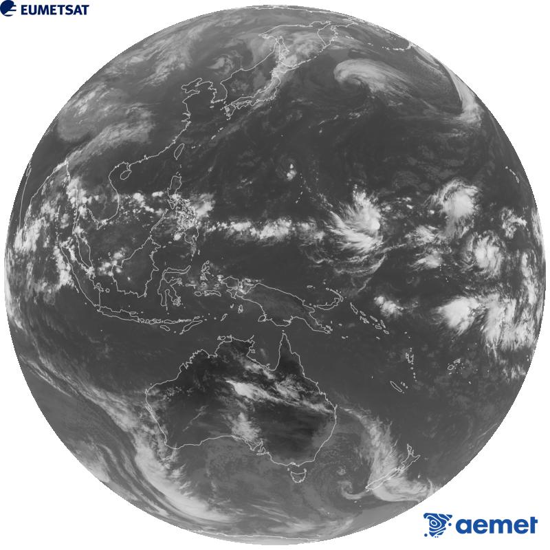 Image globale du canal infrarouge (longueur d'onde 10,4 �m) du satellite g�ostationnaire japonais Himawari-9. Les heures indiqu�es se rapportent � la p�ninsule (une heure de moins aux �les Canaries).&nbsp;mercredi, 14 octobre  2026 02:00