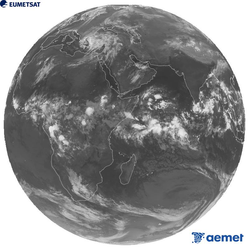 Vue d'ensemble du canal infrarouge (longueur d'onde 10,8 �m) du satellite g�ostationnaire europ�en Meteosat-9, qui fait partie de la deuxi�me g�n�ration de satellites Meteosat. Les heures indiqu�es se rapportent � la p�ninsule (une heure de moins aux �les Canaries).&nbsp;mercredi, 14 octobre  2026 02:00