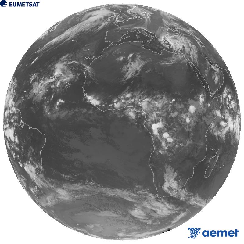Vue d'ensemble du canal infrarouge (longueur d'onde de 10,5 �m) du satellite g�ostationnaire europ�en Meteosat-12, qui fait partie de la troisi�me g�n�ration de satellites Meteosat. Les heures indiqu�es correspondent � celles de la p�ninsule (une heure de moins aux �les Canaries).&nbsp;mercredi, 14 octobre  2026 02:00