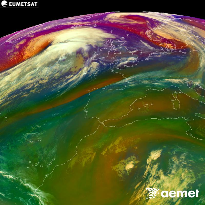 RGB irudi hori METEOSAT-12 satelitearen kanal infragorrien eta ur-lurrunaren informazioa erabiliz sortzen da, Meteosat (MTG) sateliteen hirugarren belaunaldikoa. Aire-masen ezaugarrien ideia bat ematen digu. Ordu horiek penintsulari dagozkio (ordubete gutxiago Kanariar Uharteetan).&nbsp;asteazkena, 2026ko urriak 14, ordua: 03:00