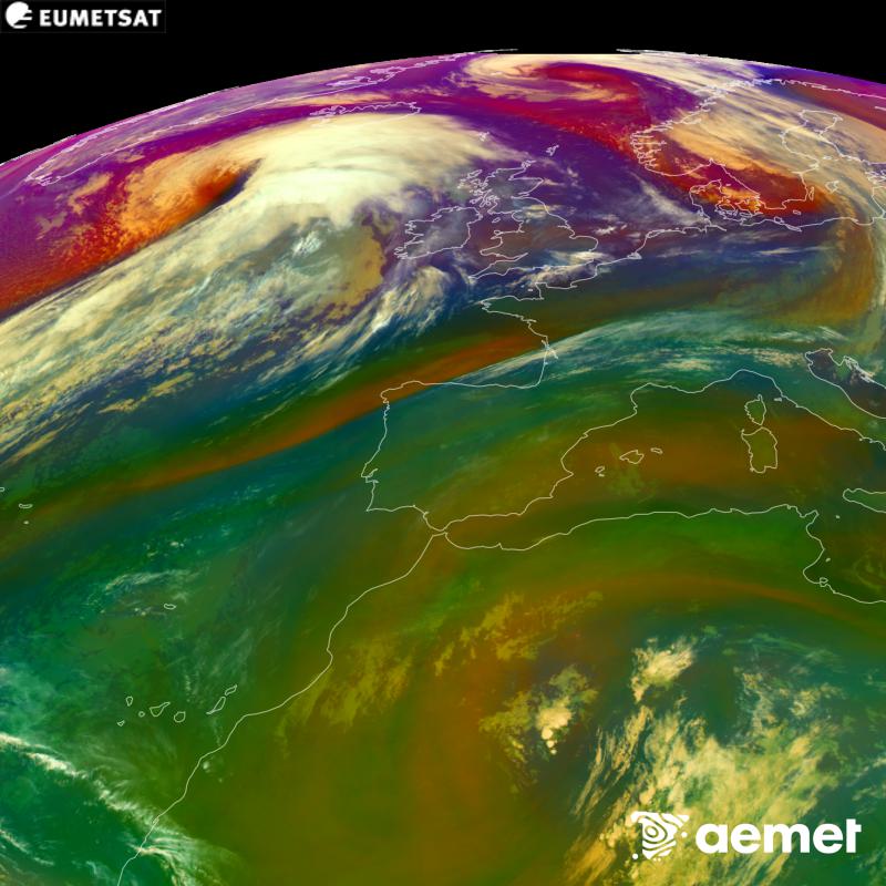 RGB irudi hori METEOSAT-12 satelitearen kanal infragorrien eta ur-lurrunaren informazioa erabiliz sortzen da, Meteosat (MTG) sateliteen hirugarren belaunaldikoa. Aire-masen ezaugarrien ideia bat ematen digu. Ordu horiek penintsulari dagozkio (ordubete gutxiago Kanariar Uharteetan).&nbsp;asteazkena, 2026ko urriak 14, ordua: 04:00