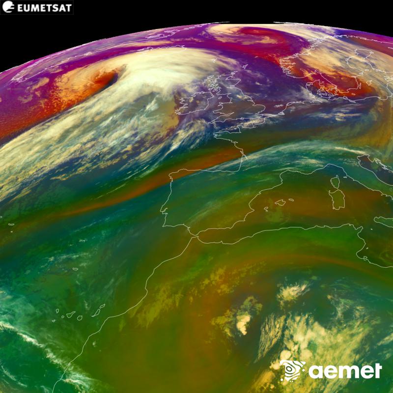 RGB irudi hori METEOSAT-12 satelitearen kanal infragorrien eta ur-lurrunaren informazioa erabiliz sortzen da, Meteosat (MTG) sateliteen hirugarren belaunaldikoa. Aire-masen ezaugarrien ideia bat ematen digu. Ordu horiek penintsulari dagozkio (ordubete gutxiago Kanariar Uharteetan).&nbsp;asteazkena, 2026ko urriak 14, ordua: 05:00