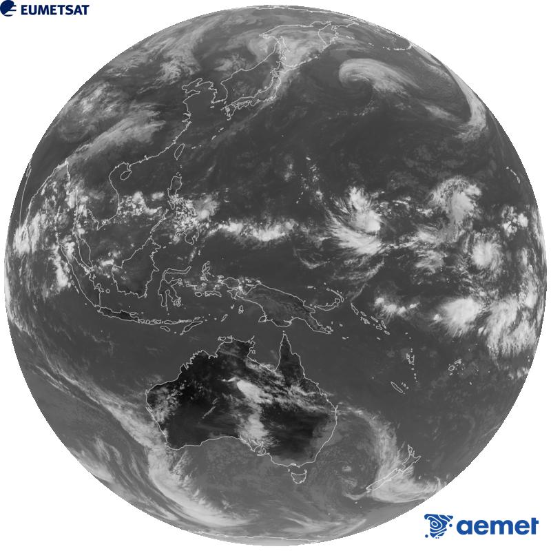 Image globale du canal infrarouge (longueur d'onde 10,4 �m) du satellite g�ostationnaire japonais Himawari-9. Les heures indiqu�es se rapportent � la p�ninsule (une heure de moins aux �les Canaries).&nbsp;mercredi, 14 octobre  2026 05:00